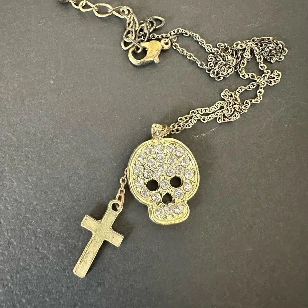 Forever 21 Rhinestone Embellished Skull Drop Cross Pendant Necklace Goldtone 16"